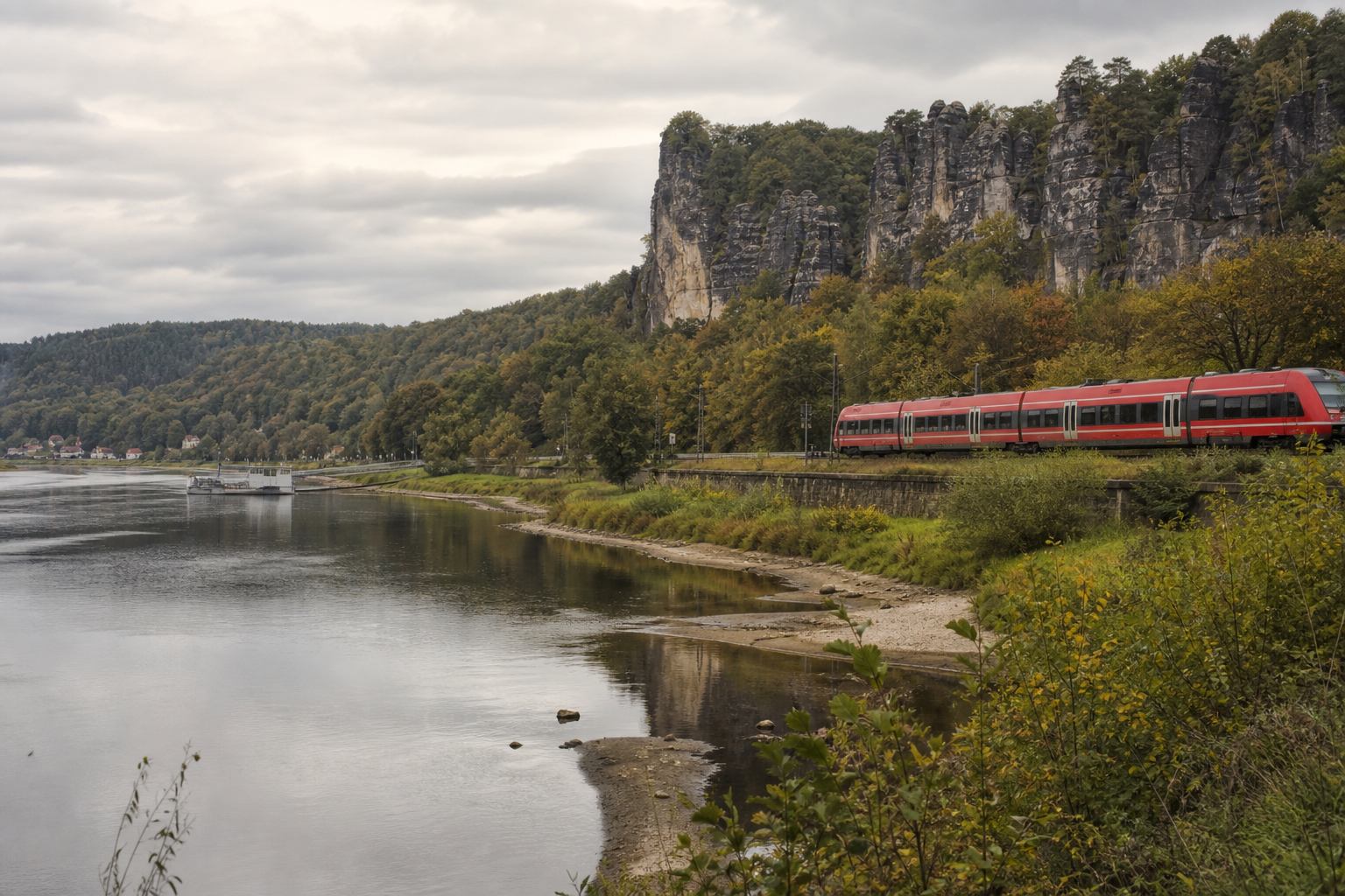 Elbufer mit Regionalbahn und Sandsteinhintergrund