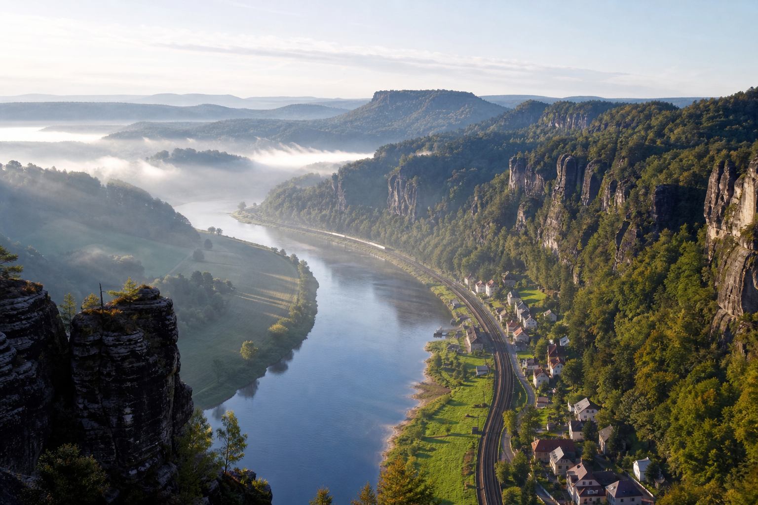 Elbetal mit Sandsteinsilhouetten als Routenlinie