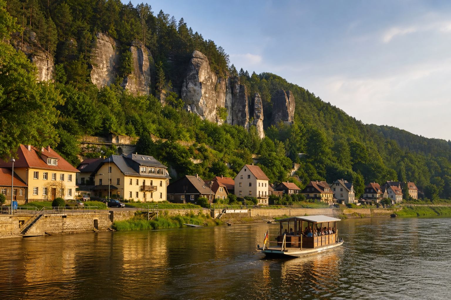 Kleiner Flussort an der Elbe mit Fähre und Sandsteinhintergrund